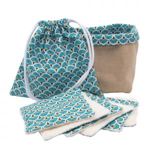 Lingettes lavables avec panier et sac pochon couleur bleu canard