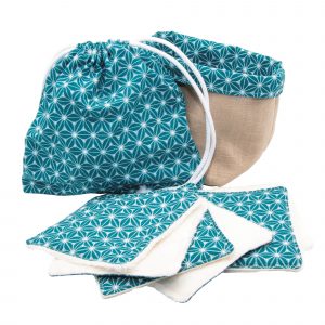 Lingettes lavables avec panier et sac pochon couleur bleu émeraude